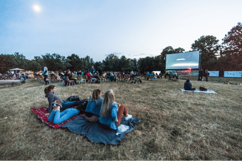 Aller voir un film au ciné-parc ou dans un cinéma extérieur est un plaisir estival à partager cet été. Un visuel au soutien d'un article du blog Pour un bonheur simple.
