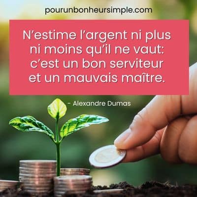 Je vous partage cette citation sur l'argent d'Alexandre Dumas: "N'estime l'argent ni plus ni moins qu'il ne vaut: c'est un bon serviteur et un mauvais maître. Un visuel issu du blog Pour un bonheur simple.