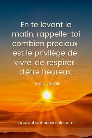 Je partage avec vous cette citation inspirante de Marc Aurèle, pour tendre vers un bonheur simple : "En te levant le matin, rappelle-toi combien précieux est le privilège de vivre, de respirer, d'être heureux. Un visuel issu du blog pourunbonheursimple.com.