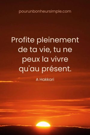 Je vous partage cette citation inspirante qui invite à profiter pleinement du moment présent. Elle se lit comme suit: "Profite pleinement de ta vie, tu n'as que le présent". Une citation de A Hakkari. Un visuel du blog Pour un bonheur simple.