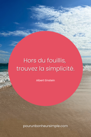 Hors du fouillis, trouvez la simplicité. Une citation de Albert Einstein. Un visuel du blog Pour un bonheur simple.
